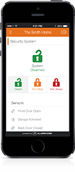 Image of iPhone with home security disarmed using Alarm.com app.